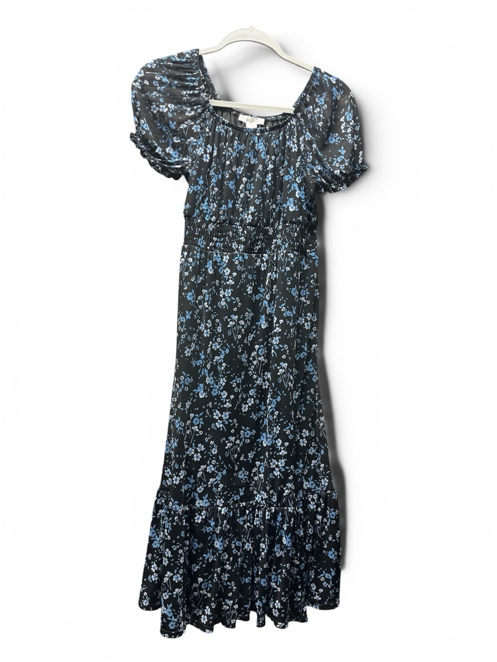 Girls XL 16 Black Blue Floral Midi Dress Smocked Puff Sleeve Cottagecore